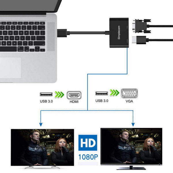 Simplecom DA316 USB 3.0 to HDMI + VGA Video Card Adapter Full HD 1080p ...