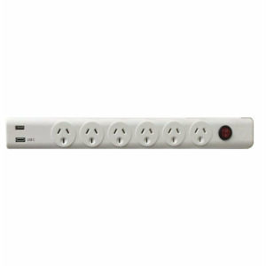 Arlec White 6 Outlet Surge Protected Mains Switched Power Board With 3.4A USB