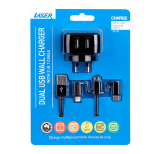 Laser 24W Dual 2.4 A USB Fast Charger + 3 in 1 Charging Cable - Black