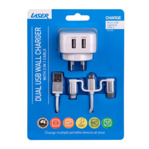 Laser 24W Dual 2.4 A USB Fast Charger + 3 in 1 Charging Cable - White