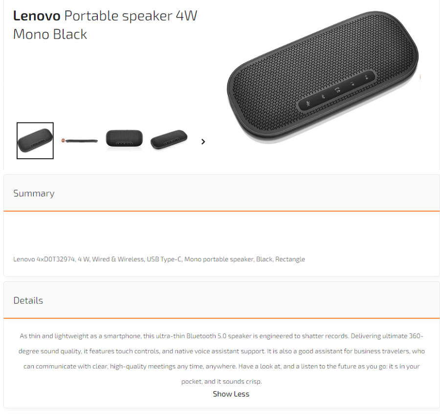 Lenovo Portable Speaker 4W Mono - Black Specs