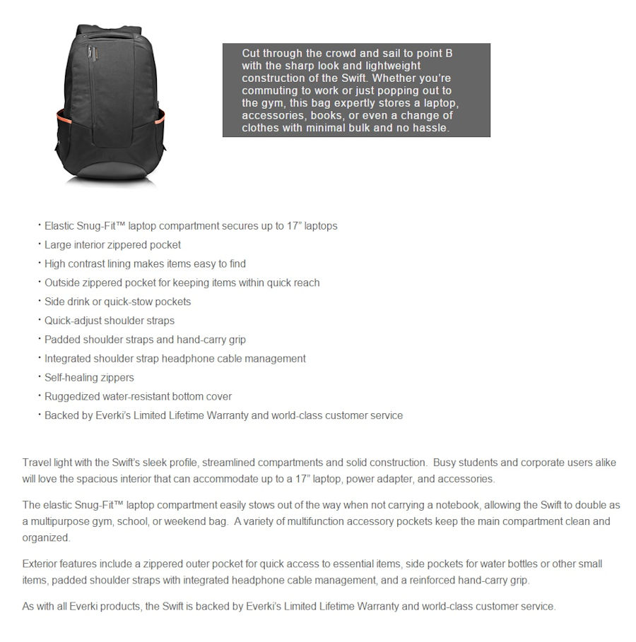 Everki Swift 17.3 Laptop BackpackSpecs
