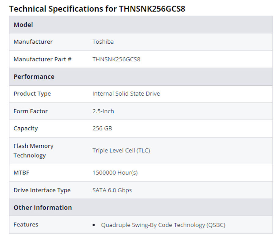 Toshiba® THNSNK256GCS8 256GB OEM SSD Specs