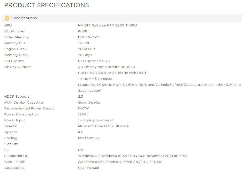 Zotac RTX 5060 Ti Twin Edge OC 8GB GDDR7 Graphics Card Specs