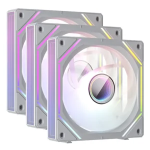 Modular Daisy-Chain Design: Fans connect directly via interlocking pins, requiring only one set of cables for the entire group of three