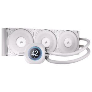 The Corsair NAUTILUS 360 RS LCD Liquid CPU Cooler - White features efficient, low-noise cooling with high static pressure RS120 fans