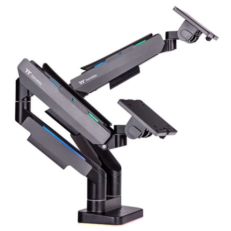 The Dual RGB Monitor Arm is perfectly compatible with all the gaming desk and monitors from Thermaltake, providing a complete dual monitor installation solution for serious gamers and office workers.