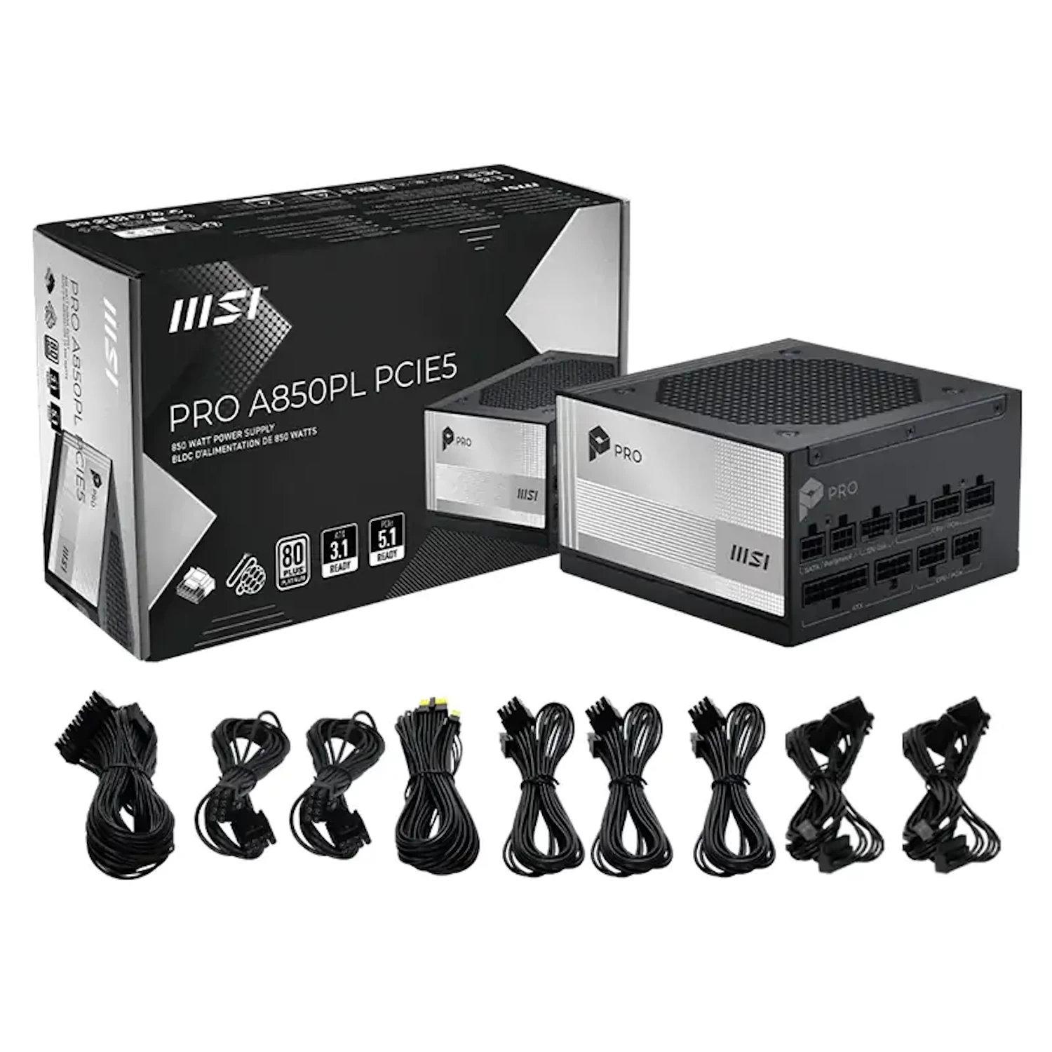 MSI 850W Pro A850PL PCIE5 80+ Platinum Fully Modular ATX 3.1 Power Supply (PRO A850PL PCIE5)