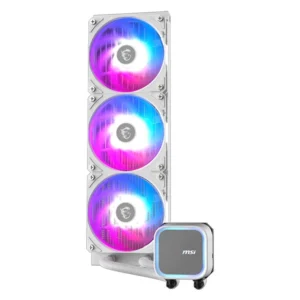 The high-performance pump operates at speeds up to 3800 RPM and is integrated into the radiator to dampen noise and increase life expectancy