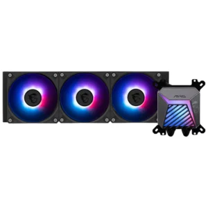 The high-performance pump operates at speeds up to 3100 RPM and is integrated into the radiator to dampen noise and increase life expectancy