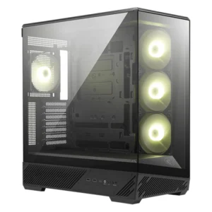 The pillarless glass design provides an unobstructed wide-angle view of your components and lighting effects.